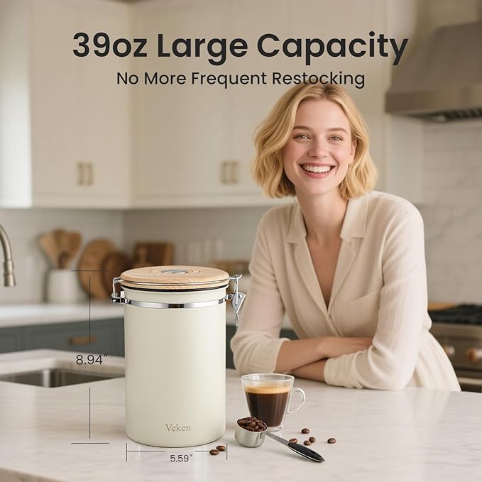 Veken Coffee Canister, 39OZ Large, Airtight Stainless Steel Food Storage Container for 2.2lbs Coffee Beans, Ground, Sugar, Tea, Flour, Rice, Cereal, Cookies Jars, Bar Accessories & Gifts, Cream-Ruum Studio Home