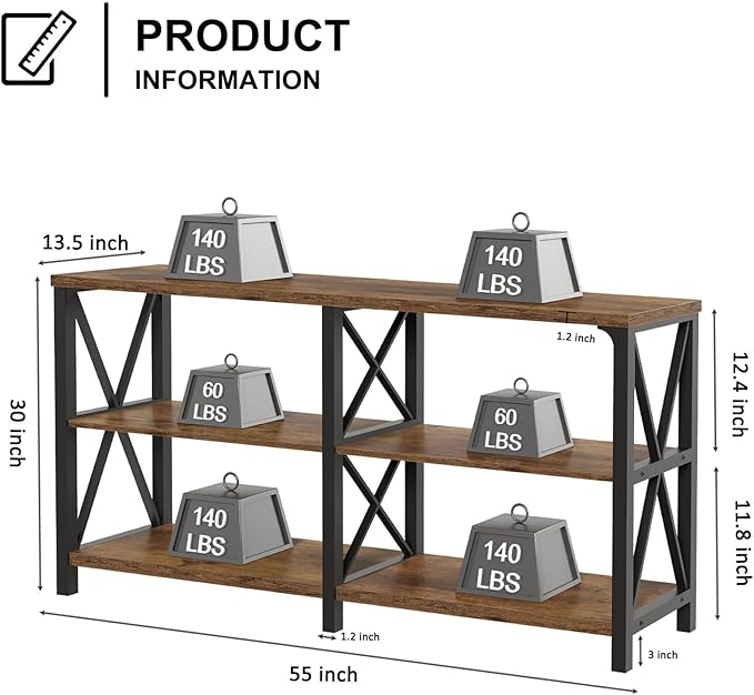 LVB Wood Console Table, Rustic 3 Tier Sofa Table Behind Couch, Industrial Metal Entryway Table with Storage Shelf, Farmhouse Wooden Foyer Hallway Table for Entry Living Room, Rustic Brown, 55 Inch-Ruum Studio Home