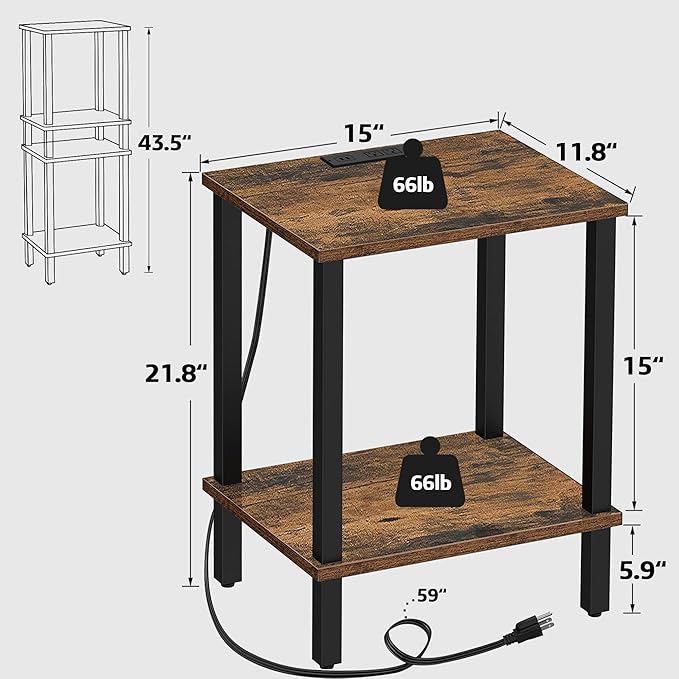 TUTOTAK End Table with Charging Station, Side Table with USB Ports and Outlets, Nightstand, 2-Tier Storage Shelf, Sofa Table for Small Space TB01BB040-Ruum Studio Home