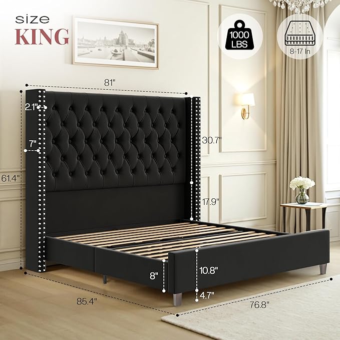 PaPaJet King Size Bed Frame with 61.4" Tall Headboard, Velvet Modern Upholstered Tufted Bed for Adults, Handmade Deep Button Tufting, Solid Wood Legs, No Box Spring Required, Black-Ruum Studio Home