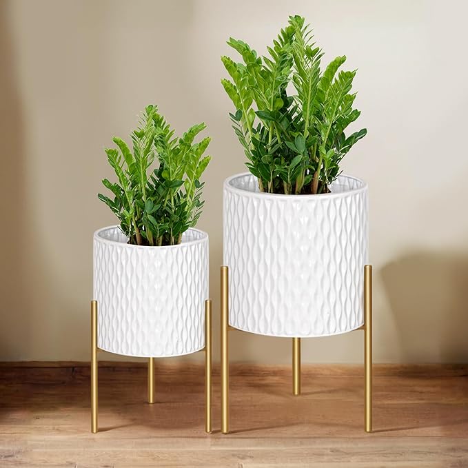 ARNIS Plants Pots with Stand, Set of 2 P lanters, Unique Mid Century Decorative Metal Flower Pots with Drainage, 8.25 & 10.5 Inch, White and Gold-Ruum Studio Home
