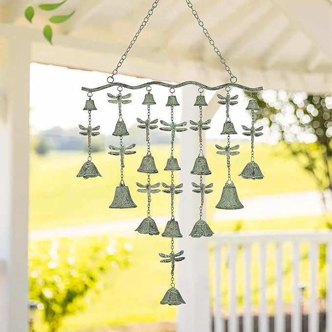 Dragonfly Wind Chimes for Outside, Large Strung Verdigris Windchimes with Wrought Iron Bell for Garden, Patio, Porch Outdoor Decor, Memorial Sympathy-Ruum Studio Home