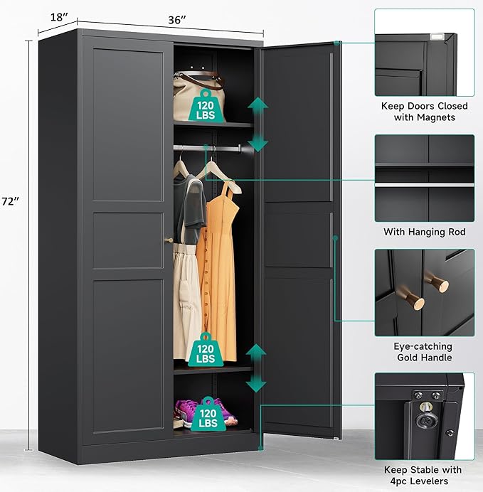 SISESOL Metal Wardrobe Cabinet with Hanging Rod,Black Armoire Wardrobe Closet,Metal Clothing Storage Cabinet with Adjustable Shelves and Doors,72" Cloth Storage Cabinets for Home,Living/Laundry Room-Ruum Studio Home