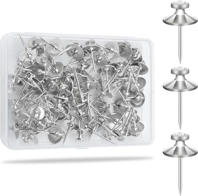 KURUI 60Pcs Double Headed Nails for Hanging Pictures, Wall Hangers Without Nails, Thumb Tacks for Wall, Renter Friendly Decor Push Pins for Tapestry Frame Art, Picture Hangers-Silver-Ruum Studio Home