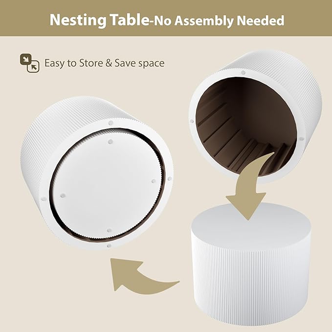 Round Coffee Table Set of 2, Modern Wooden White Nesting Coffee Tables for Living Room, No Assembly Required Circle Side Tables Set Accent End Table for Bedroom, Balcony-Ruum Studio Home