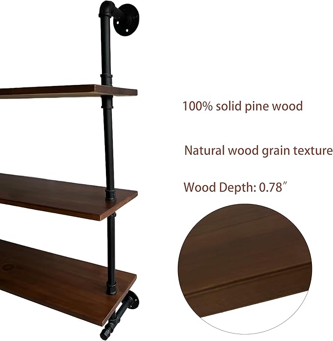 Industrial Pipe Wall Shelves Pipe Shelving with Real Wood Plank ,60 Inches Floating Shelves for Wall Farmhouse Pipe Book Shelves Dark Brown 2 Tier for Kitchen,Living Room Decor and Bar Shelving-Ruum Studio Home