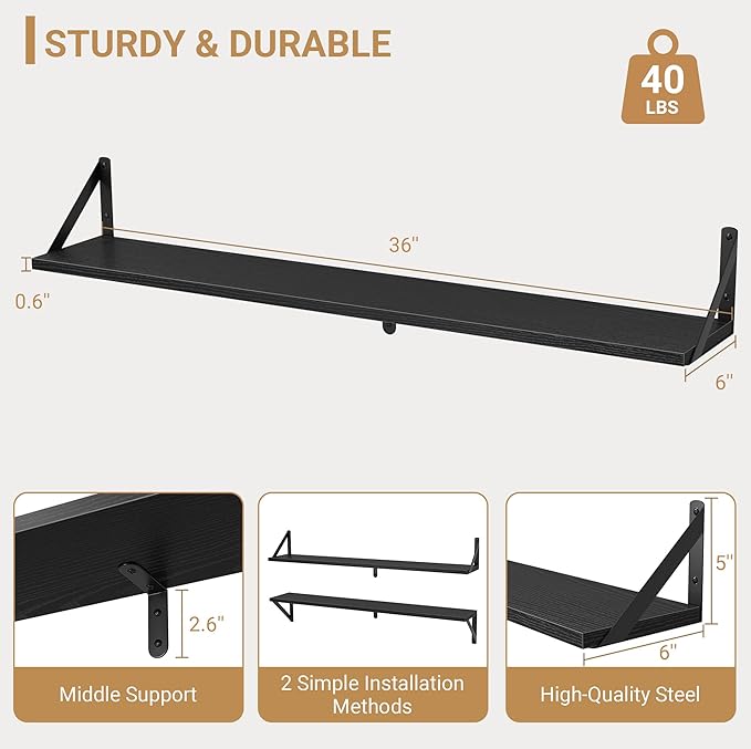 Heimlove Floating Shelves for Wall, 36 Inch Long Wood Floating Bookshelf Set of 3, Wall Mounted Hanging Shelf for Bathroom Bedroom Kitchen, Black-Ruum Studio Home