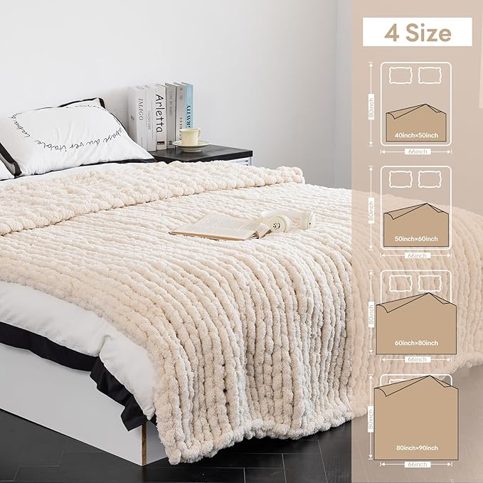 Chunky Knit Blanket - Luxury Soft Cozy 61 * 79 Bold Throw Blanket,100% Woven Blanket Rope Knot Throw Blanket for Couch, Sofa, Home Decor, Gift - Machine Washable（Cream）-Ruum Studio Home