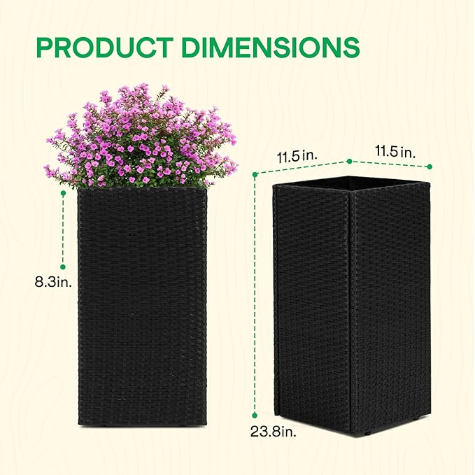 IDZO All-Weather Wicker Planters, Set of 2, 24 in Tall Wicker Planters, Self-Watering with Drainage, Durable PP Material, Raised Garden Bed Alternative, Indoor Outdoor Use, Modern Rattan Design-Ruum Studio Home