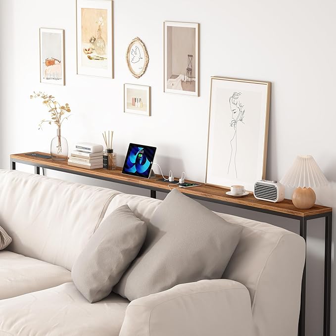 80.7'' Narrow Sofa Table with 2 Power Outlets (6 AC Outlets & 4 USB Ports), Thin Console Tables Narrow Long, Behind Couch Table Skinny for Entryway, Living Room, Hallway, Foyer, Rustic Brown-Ruum Studio Home