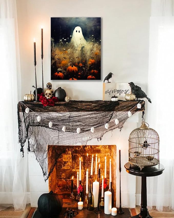 Halloween Canvas Wall Art, Spooky Ghost in Pumpkin Patch Poster, Vintage Gothic Fall Decor, Dark Academia Fall Decor for Living Room, Framed Indoor Halloween Decorations-Ruum Studio Home