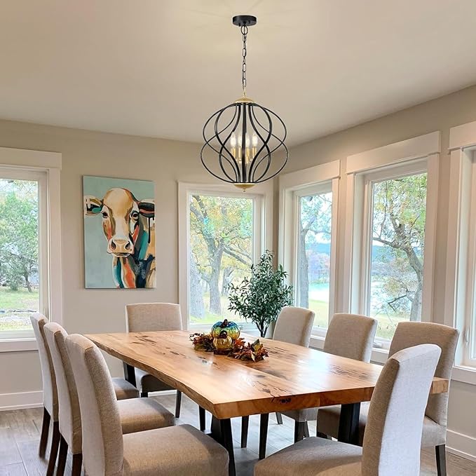 Modern Black and Gold Chandelier for Dining Room, 4 Lights Geometric Chandeliers, Sphere Chandelier Industrial Large Pendant Light Fixtures Hanging for Kitchen, Entryway, Foyer, Stairs-Ruum Studio Home