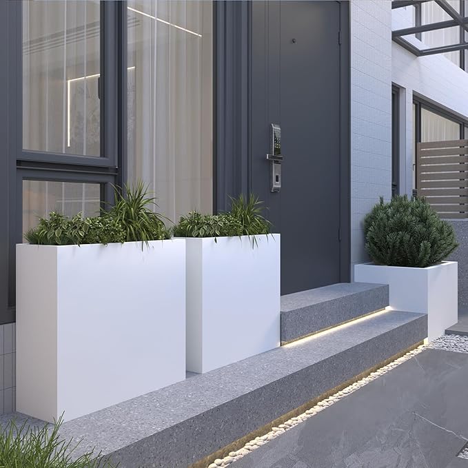 Galvanized Steel Metallic Heavy Planter for Outdoor Plants Metal Outdoor Planter Spliced Flower Box with Partitions for Outside,Indoor,Garden (White, 24 * 10 * 24)-Ruum Studio Home