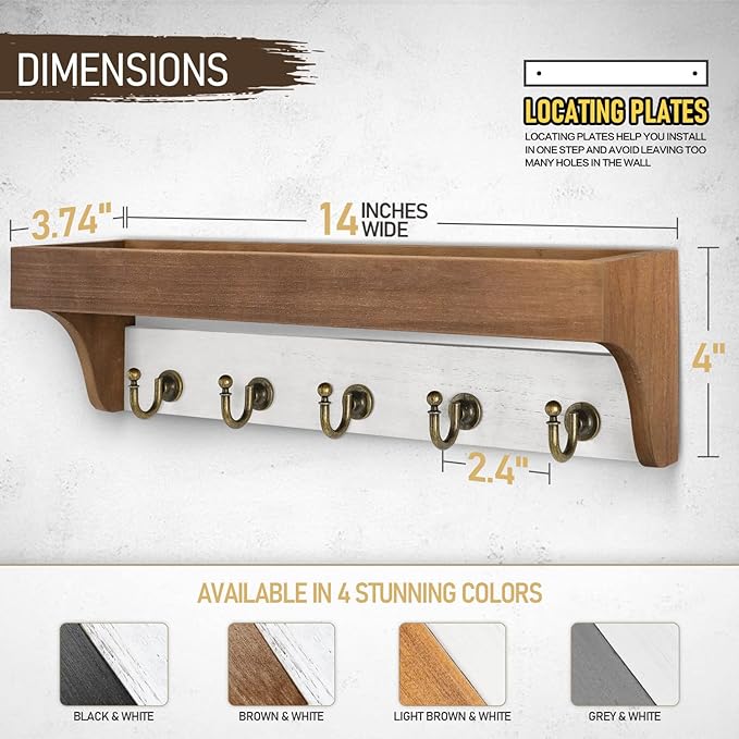 Rebee Vision Key Holder for Wall with Shelf - Farmhouse 2-Color Key Rack with 5 Retro Keys Hooks and Primitive Wood Mail Organizer Wall Mount - Decorative Rustic Home Decor (Brown & White)-Ruum Studio Home