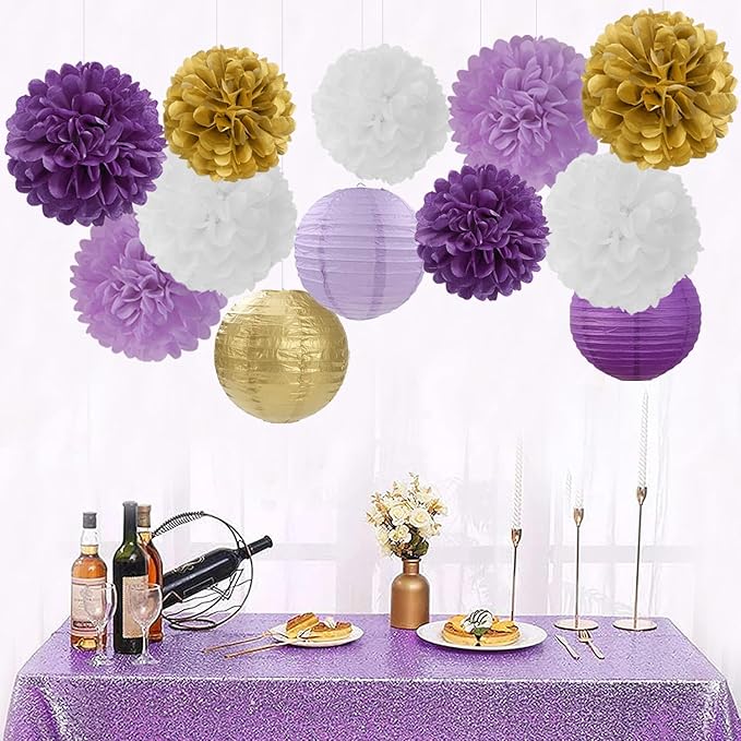 Purple White-Gold Party-Decorations Paper Flowers Lanterns - 15PCS Graduation Lavender Tissue Pom Poms Streamers,Wedding Birthday Bachelorette Baby Shower Classroom Hanging Supplies Decor Hugfond-Ruum Studio Home