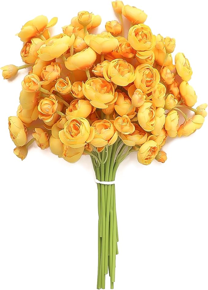 Floroom Ranunculus Artificial Flowers 18 Pcs Golden Yellow Faux Silk Mini Ranunculus Bulk Fake Wedding Filler Flowers for DIY Bouquets, Centerpieces, Bridal Shower Decorations & Arrangements-Ruum Studio Home