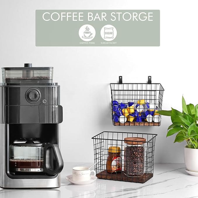 Wall Hanging Baskets 3 Pack, Large Diversified Wire Basket Shelves of Wooden Style, with Wall Mounted Metal Hooks & Traceless Stickers, for Kitchen Coffee Bar Office Room Garage Storage Organization-Ruum Studio Home