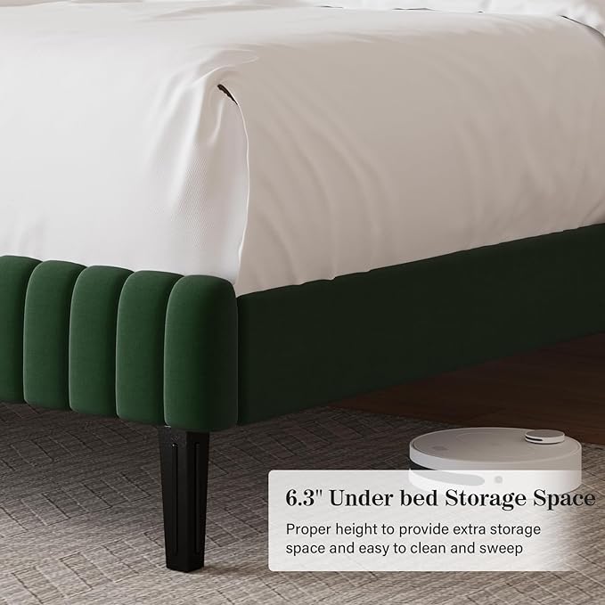 King Size Bed Frame, Velvet Upholstered Platform Bed with Vertical Channel Tufted Headboard and Footboard, No Box Spring Required, Easy Assembly, Green-Ruum Studio Home
