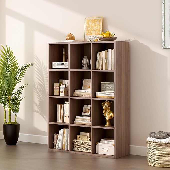 12-Cube Storage Shelf Bookcase - Wooden 3-Tier Floor Standing Open Bookshelf for Home and Office, Cuby Orgainzer, Walnut-Ruum Studio Home