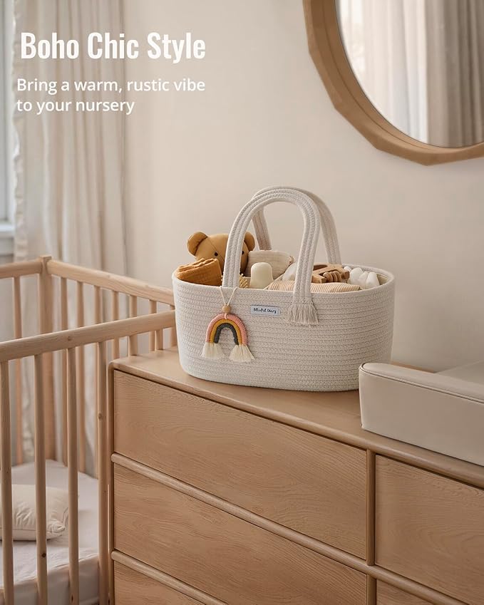 Blissful Diary Baby Diaper Caddy Organizer, Cotton Rope Diaper Caddy Basket, Oval Storage Basket, Gift for Baby Shower, Newborn Essentials, Beige-Ruum Studio Home