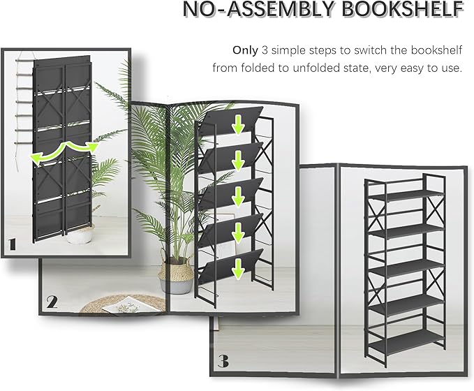 4NM 5 Tiers No Assembly Book Shelves, 51.2" H Folding Bookshelf Bookcase Open Industrial Foldable Shelves for Bedroom, Living Room, Home Office - All Black-Ruum Studio Home