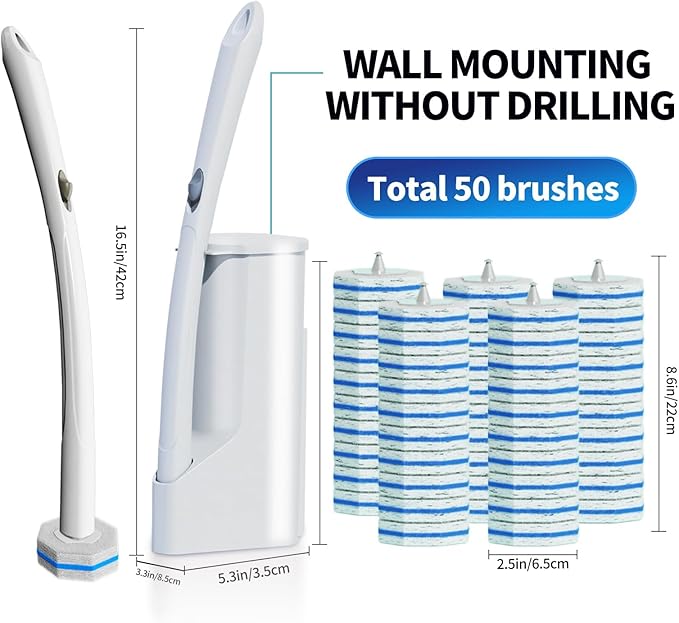 Disposable Toilet Brush Cleaning System with 50pcs Refills Pads Replacement Heads, Toilet Cleaning Stick, Wall Mounted Toliet Wand Kit Bathroom Maintenance, Toilet Bowl Cleaner Wands Holder and Set-Ruum Studio Home