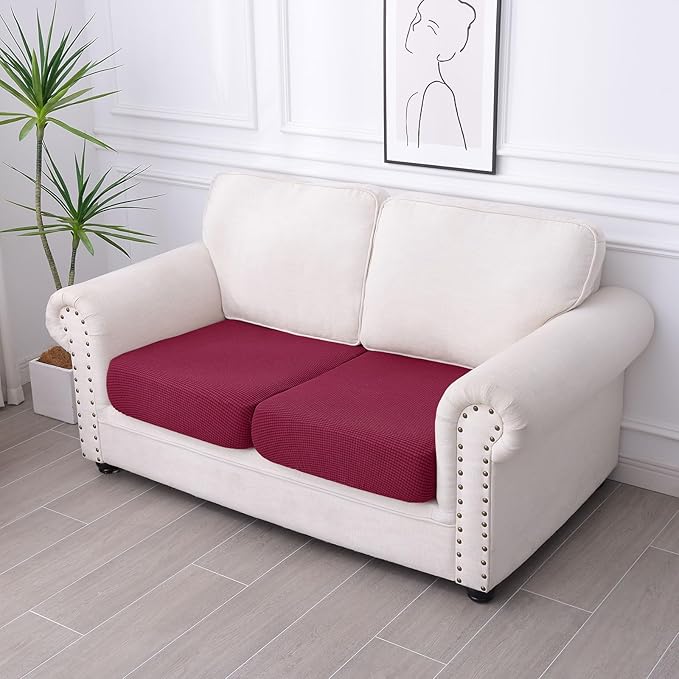 hyha Waterproof Couch Cushion Covers for Pets, Non Slip Sofa Seat Cover for Dogs Washable, Soft Thick Stretch Jacquard Fabric, Sofa Slipcovers with Elastic Bottom (2 Pieces, Wine Red)-Ruum Studio Home