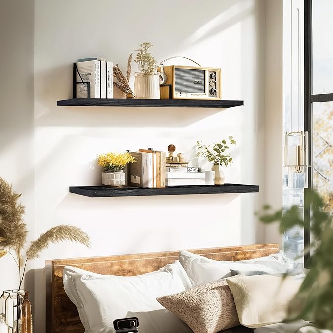 Floating Wall Shelves 2-Pack - 36-Inch Rustic Black Wooden Shelves for Storage and Décor, Easy Installation for Living Room, Bedroom, and Kitchen-Ruum Studio Home