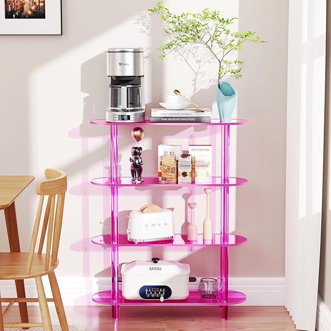 Clear Bookshelf, Acrylic Bookcase with Open Book Shelf Console Table for Entryway Office (4 Tier Pink)-Ruum Studio Home