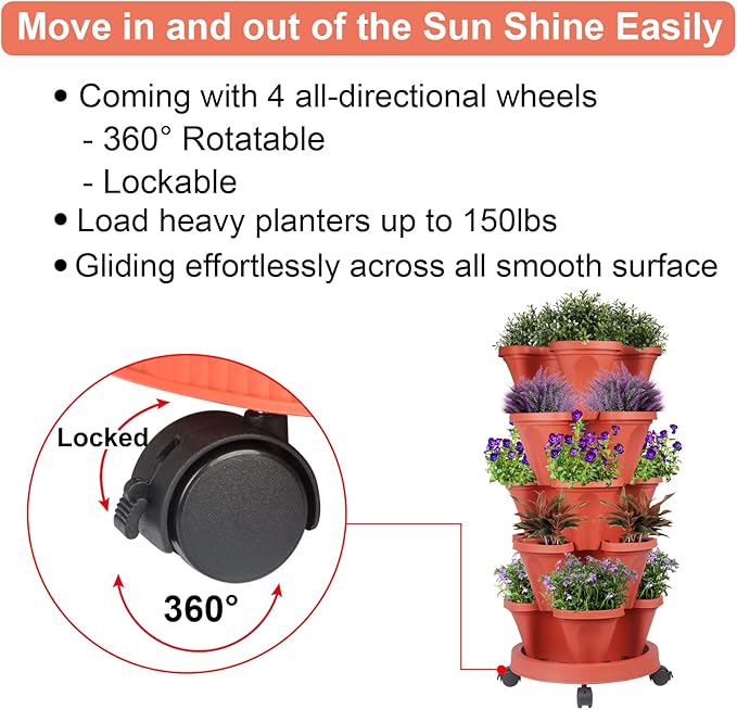 Vertical Planter 5 Tier Stackable Planters Garden Planters Strawberry Herb Flower and Vegetable Planter Indoor Outdoor Gardening Pots with Removable Wheels and Tools-Ruum Studio Home