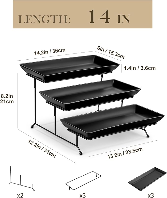 MALACASA 3 Tier Serving Trays for Party, Stoneware Serving Platters and Trays, 14 Inch Tiered Tray Stand, Fruit Tray, Trays for Serving Food, Black Dessert Stand with Collapsible Sturdier Metal Rack-Ruum Studio Home