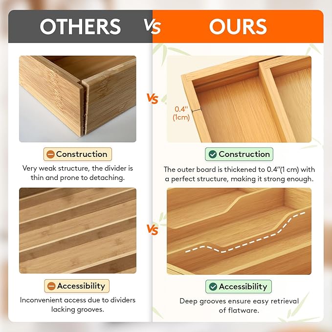 Lifewit Utensil Drawer Organizer, Expendable Cooking Silverware Tray for Kitchen Drawer, Bamboo Adjustable Cutlery Flatware Holder, Spatula Tools and Gadgets Storage Divider, 3 Compartments, Natural-Ruum Studio Home