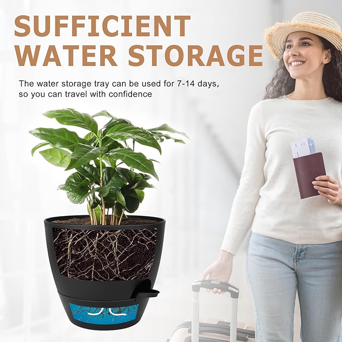 Plant Pots 10/9/8/7.5/7 Inch Self Watering Pots, Set of 5 Plastic Planters with Drainage Holes and Saucers,Plastic Flower Pots,Nursery Planting Pot for Indoor Out Door Plants(All Black)-Ruum Studio Home