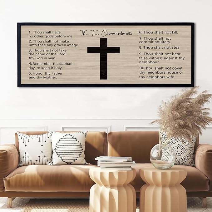 Ten Commandments Rustic Bible Verse Framed Wall Art 40" x 15" Black Religious Christian Slogan Representing God Jesus Christ Prayer Vintage Holy Inspirational Catholic Scripture Decor-Ruum Studio Home
