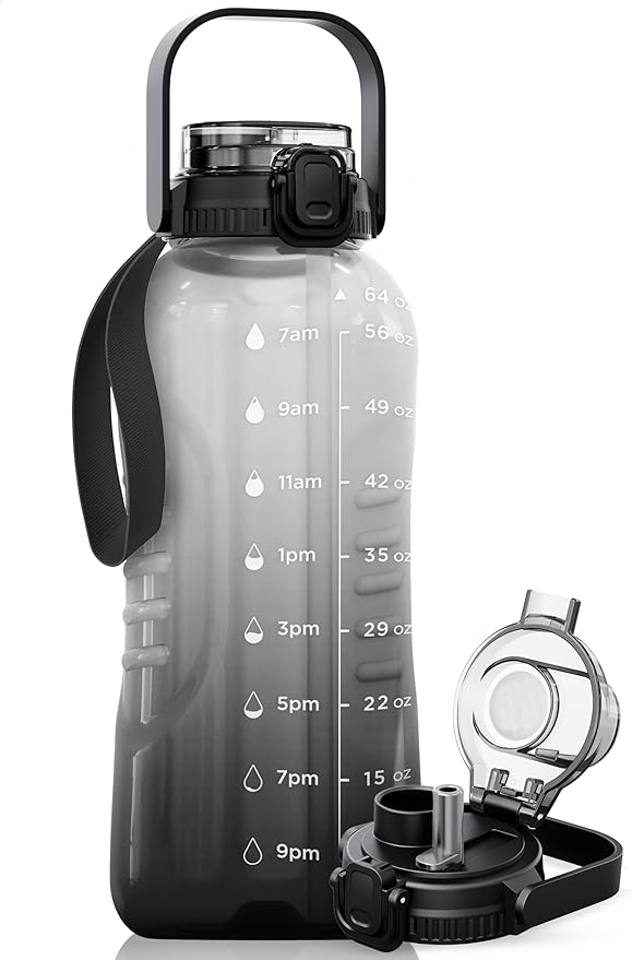 AQUAFIT 64 oz Water Bottle with Time Marker - 2in1 Straw & Chug Lid - BPA Free Big Water Bottle with Straw - Gym Water Bottle with Strap - Water Jug (64 Ounces, Midnight Gray)-Ruum Studio Home