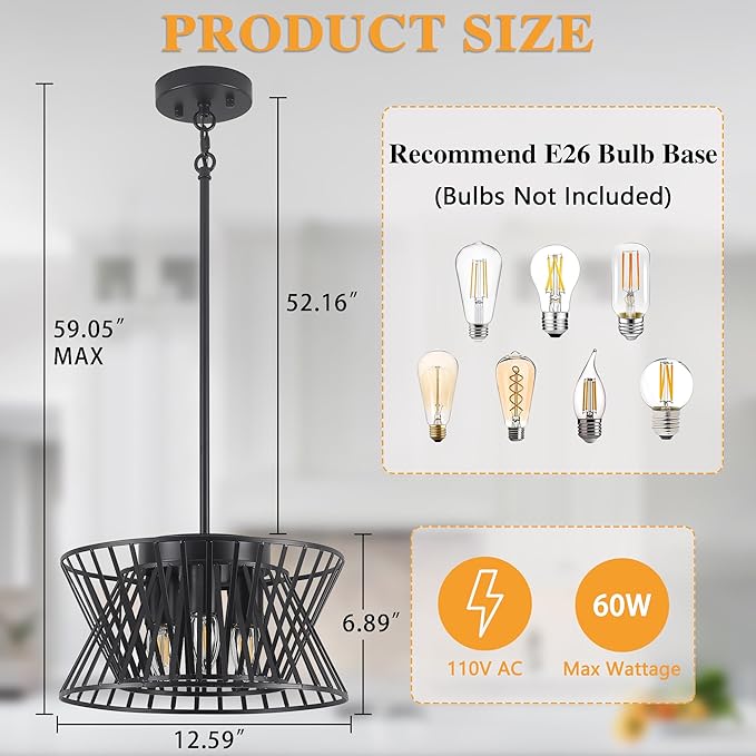 3-Lights Black Pendant Light Vintage Geometric Chandelier Light Fixture Adjustable Metal Lighting Fixtures for Kitchen Room Dining Room Foyer-Ruum Studio Home