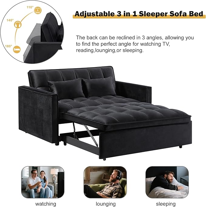3 in 1 Convertible Sleeper Sofa Bed, Couch with Pull Out Bed with Side Pocket, Convertible Love Seat Sleepers Couch for Living Room, Bedroom, Black-Ruum Studio Home