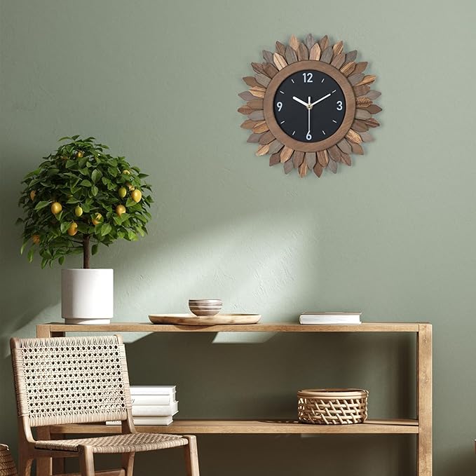 Honiway Wall Clock Battery Operated 12 in Rustic Wood Boho Sunburst Decorative Wall Clock Silent Non Ticking Farmhouse Small Wall Clocks for Living Room Kitchen Bathroom Bedroom Decor (Tricolor)-Ruum Studio Home