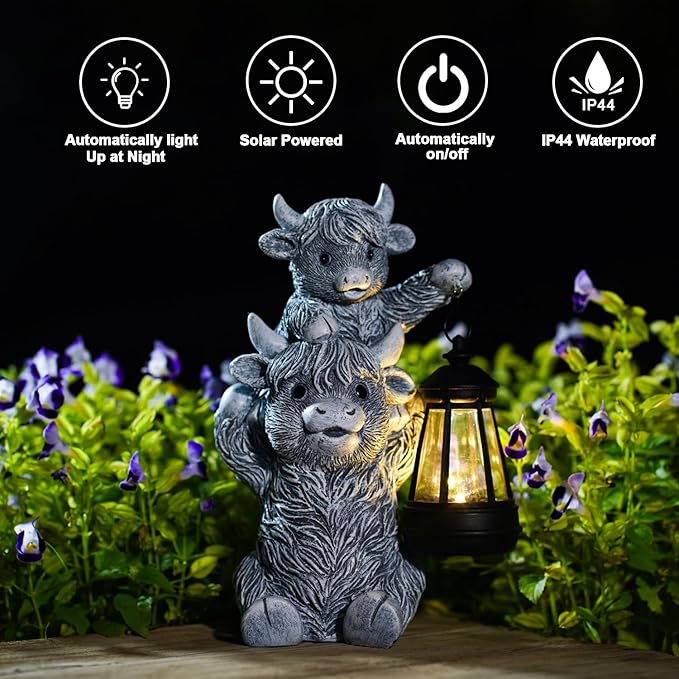 Goodeco 9.5 Inch Highland Cow with Solar Lantern – Resin Garden Decor, Outdoor Statue & Unique Highland Cow Gifts (Gray)-Ruum Studio Home