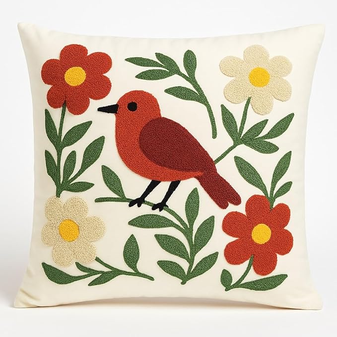 Throw Pillow Cover with Bird Embroidery – 18x18 inch Handmade Punch Needle Cushion Cover – 100% Cotton Decorative Pillow for Couch, Bed or Living Room – Boho Nature-Inspired Home Decor-Ruum Studio Home