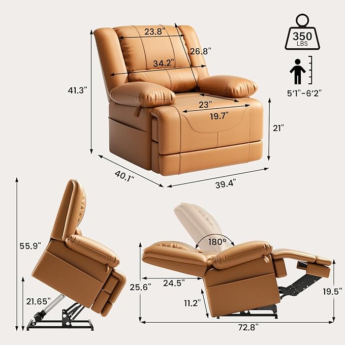 Large Dual Motor Power Lift Recliner Chair with Massage and Heat for Elderly People, Infinite Position,USB Ports and Remote Control,Breathable Leather (Light Brown)-Ruum Studio Home
