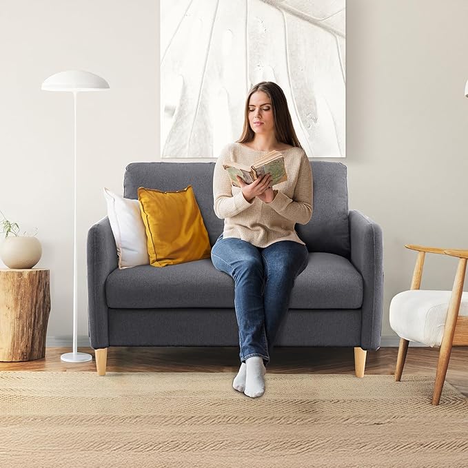 VINGLI 47" Small Couch, Dark Grey Linen Loveseat Sofa Mini Couch Mid Century Modern Decor Love Seat for Small Spaces Living Room, Bedroom, Play Room-Ruum Studio Home