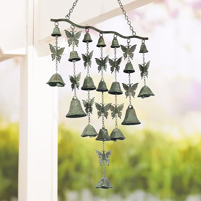 Butterfly Wind Chimes for Outside, Large Strung Verdigris Windchimes with Wrought Iron Bell for Garden, Patio, Porch Outdoor Decor, Memorial Sympathy-Ruum Studio Home