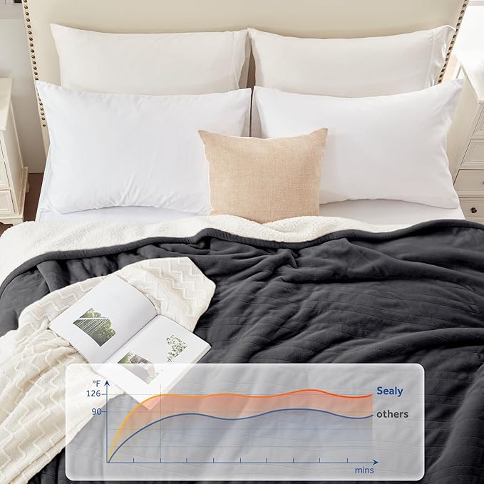 Sealy Electric Blanket Twin Size 62"*84",Super Cozy Flannel to Sherpa Reversible Heated Twin Blanket with 10 Heating Levels & 1-12 Hours Auto Off Overheating Protection Machine Washable, Charcoal-Ruum Studio Home