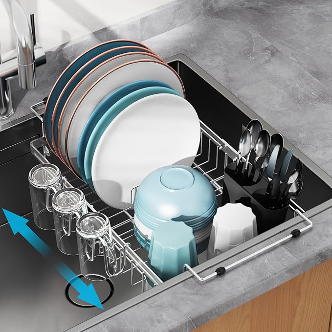 GSlife Expandable in Sink Dish Drying Rack - Capacity Adjustable Stainless Steel Over The Sink Dish Drainer with 2 Cup Holder and Utensil Holder for Kitchen Sink, 10.8"~17.9" L x 14.2" W, Silver-Ruum Studio Home