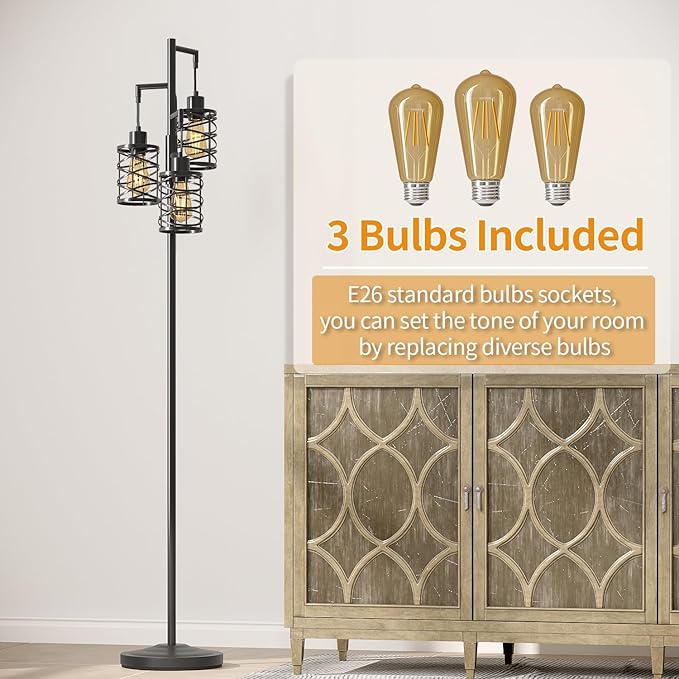 Oneach 70" Industrial Floor Lamp, Stepless Dimmable Standing Lamp with 3 Bulbs, Farmhouse Corner Standing Tree Lamp for Living Room, Tall Lamps for Bedroom, Office, Study Room, Dining Room, Black-Ruum Studio Home