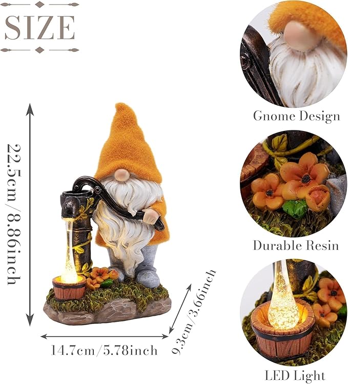 TERESA'S COLLECTIONS Fall Decor, Fall Gnomes Decor, Autumn Garden Gnomes Pumping Water with Solar Lights, Waterproof Resin Outdoor Fall Decor, Fall Gifts Outdoor/Indoor,9"-Ruum Studio Home