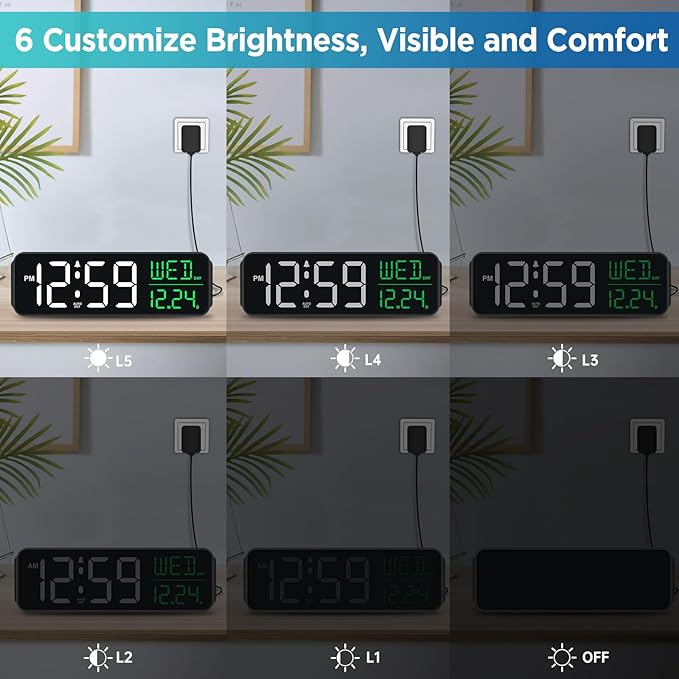 Peakeep Large Display Digital Alarm Clock for Bedrooms, Date Day of Week Calendar Desk Table Clocks for Living Room Office, Dimmable Plug in Electric Clock, 5 Volumes, Loud, Auto DST-Ruum Studio Home