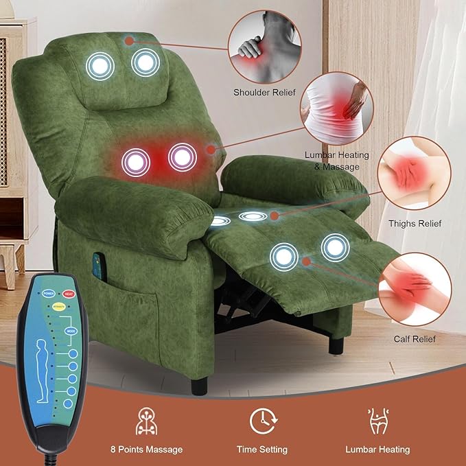 KCREAM Green Massage Recliner Chair, Small Recliners for Small Spaces, Overstuffed Recliners Living Room Chairs for Adults Fabric Manual Recliner Chairs with Heating Single Sofa Chair-Ruum Studio Home