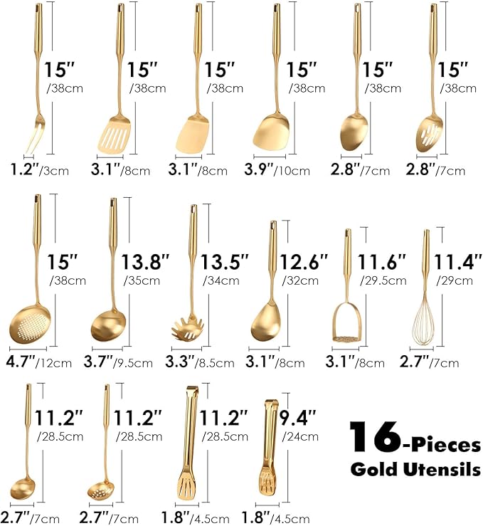 Gold Cooking Utensils Set - 18/10 Stainless Steel Large and Small Spoons Set, 16 PCS All Metal Kitchen Tools, Serving Utensils - Whisk, Masher, Fork, Tongs, Spatula, Ladle, Skimmer, Turner, Pasta-Ruum Studio Home